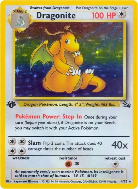 Dragonite 4 #04/62 1st Edition Holofoil Pokémon card from Fossil