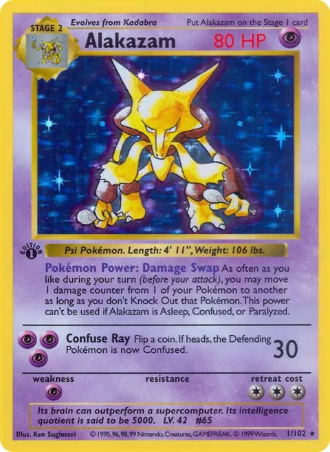 Alakazam #001/102 1st Edition Holofoil Pokémon card from Base Set (Shadowless)