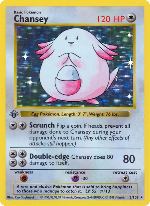 Chansey #003/102 1st Edition Holofoil Pokémon card from Base Set (Shadowless)