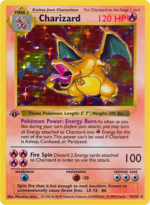 Charizard #004/102 Unlimited Holofoil Pokémon card from Base Set (Shadowless)