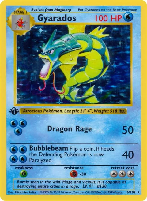 Gyarados #006/102 Unlimited Holofoil Pokémon card from Base Set (Shadowless)