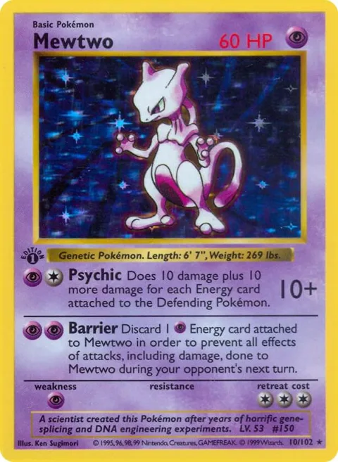 Mewtwo #010/102 Unlimited Holofoil Pokémon card from Base Set (Shadowless)