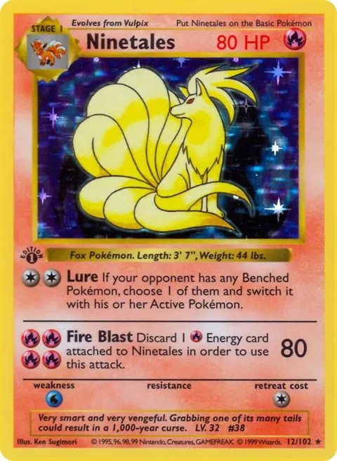 Ninetales #012/102 Unlimited Holofoil Pokémon card from Base Set (Shadowless)