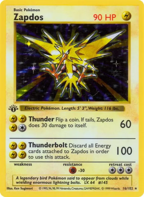 Zapdos #016/102 1st Edition Holofoil Pokémon card from Base Set (Shadowless)