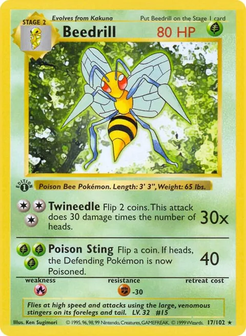 Beedrill #017/102 1st Edition Pokémon card from Base Set (Shadowless)