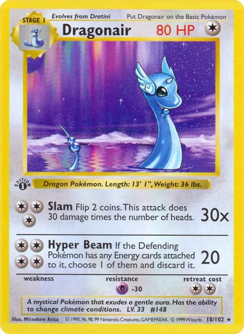 Dragonair #018/102 1st Edition Pokémon card from Base Set (Shadowless)