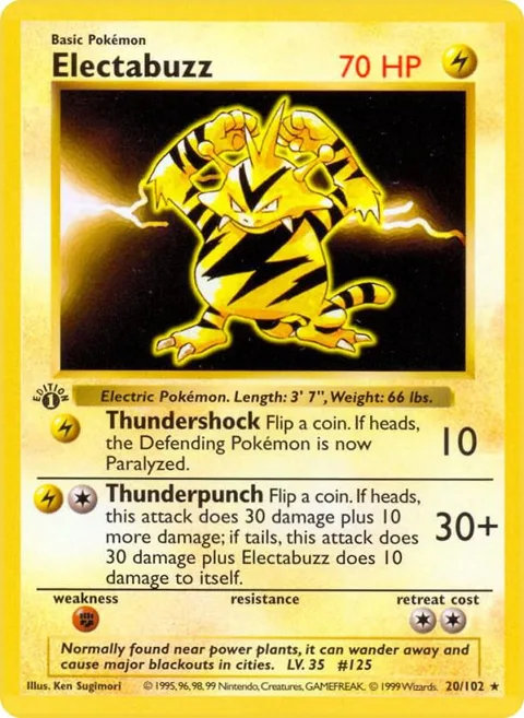 Electabuzz #020/102 1st Edition Pokémon card from Base Set (Shadowless)