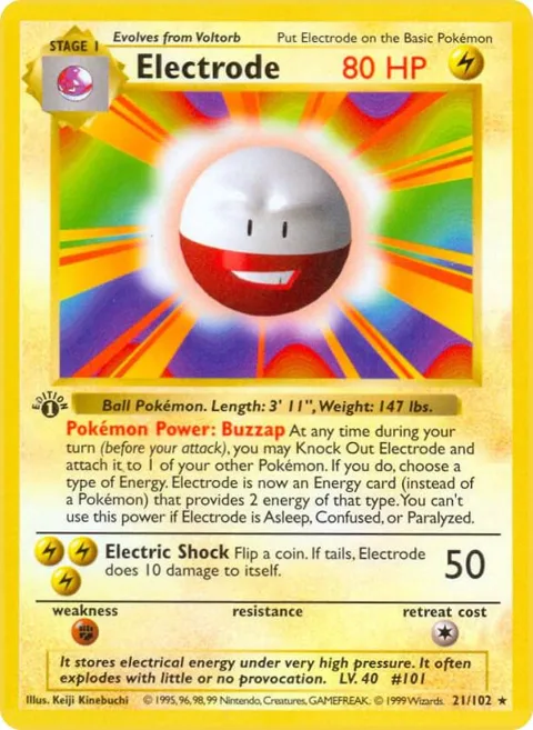 Electrode #021/102 1st Edition Pokémon card from Base Set (Shadowless)