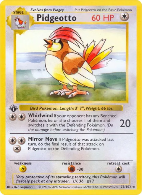 Pidgeotto #022/102 1st Edition Pokémon card from Base Set (Shadowless)