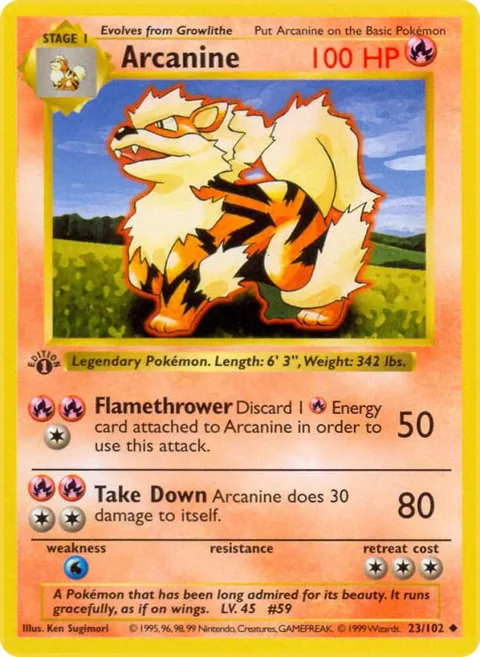 Arcanine #023/102 1st Edition Pokémon card from Base Set (Shadowless)