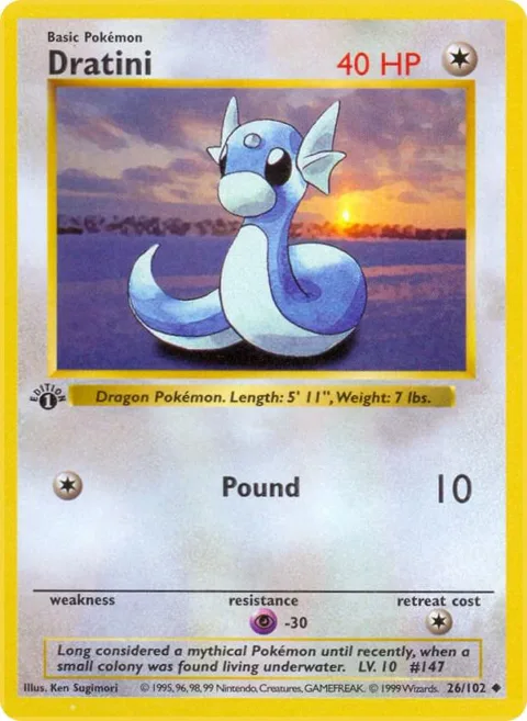 Dratini #026/102 1st Edition Pokémon card from Base Set (Shadowless)
