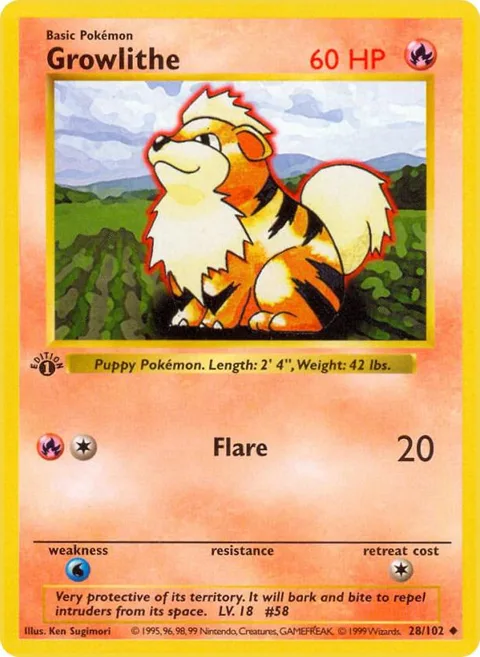 Growlithe #028/102 1st Edition Pokémon card from Base Set (Shadowless)