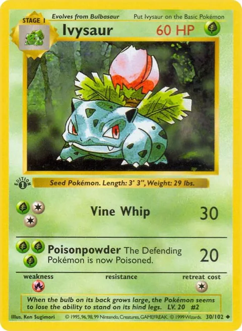 Ivysaur #030/102 Unlimited Pokémon card from Base Set (Shadowless)