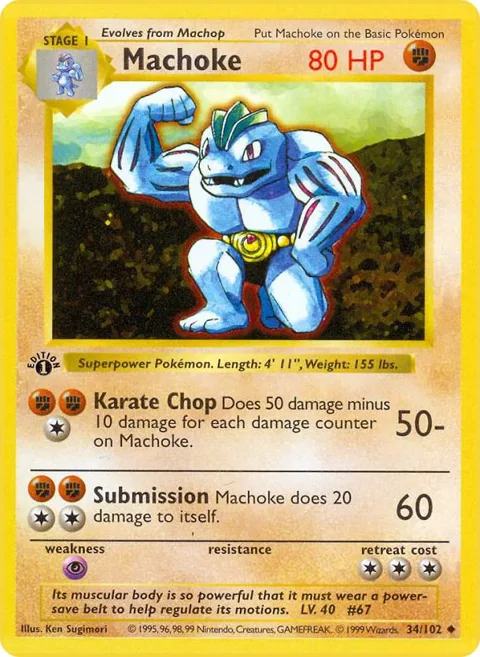 Machoke #034/102 1st Edition Pokémon card from Base Set (Shadowless)