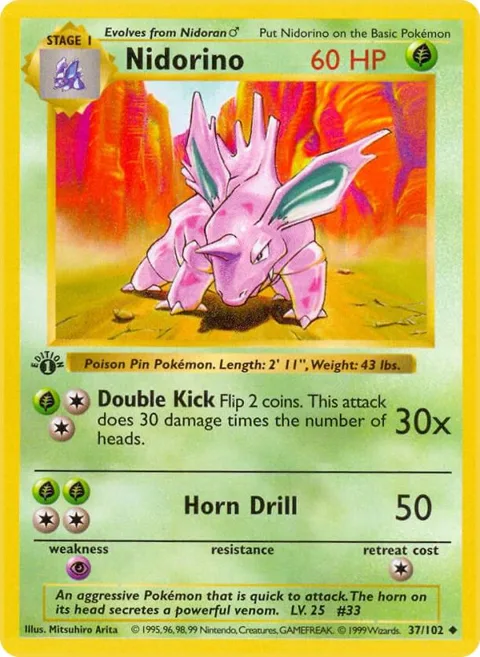 Nidorino #037/102 1st Edition Pokémon card from Base Set (Shadowless)
