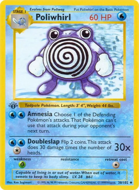 Poliwhirl #038/102 1st Edition Pokémon card from Base Set (Shadowless)