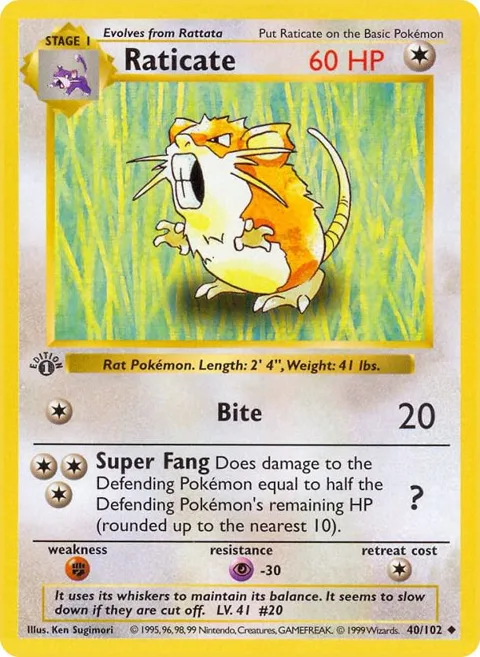 Raticate #040/102 Unlimited Pokémon card from Base Set (Shadowless)
