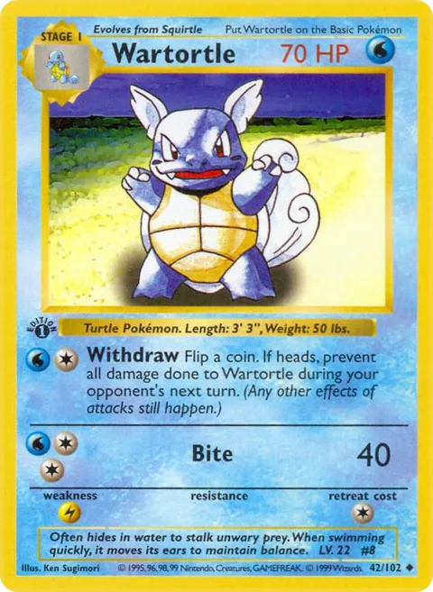 Wartortle #042/102 1st Edition Pokémon card from Base Set (Shadowless)