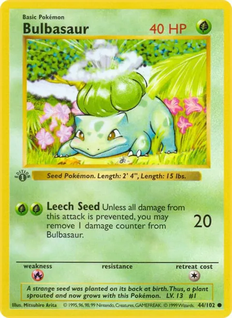 Bulbasaur #044/102 1st Edition Pokémon card from Base Set (Shadowless)