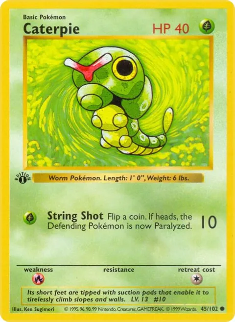 Caterpie #045/102 1st Edition Pokémon card from Base Set (Shadowless)