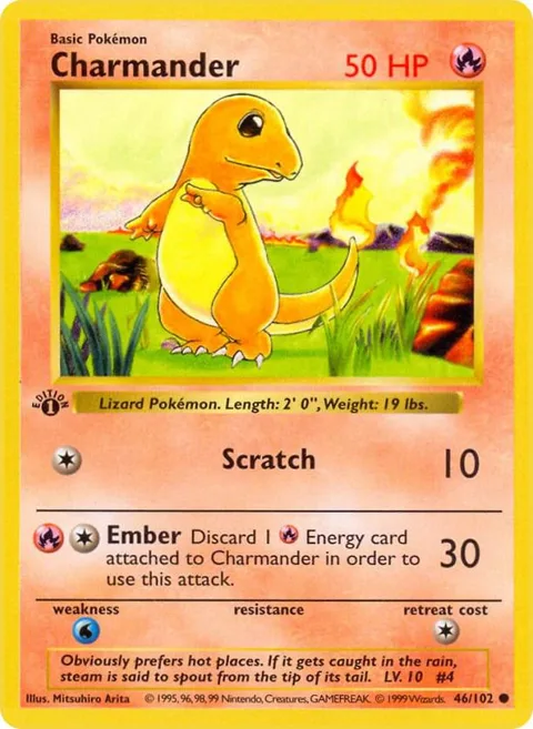 Charmander #046/102 1st Edition Pokémon card from Base Set (Shadowless)