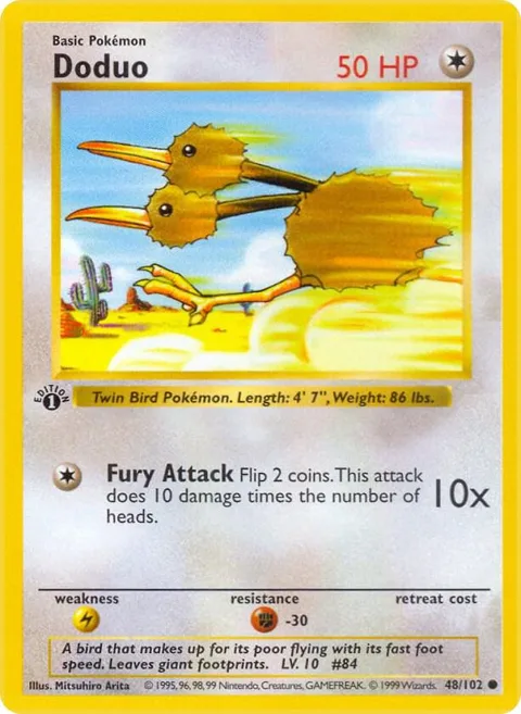 Doduo #048/102 1st Edition Pokémon card from Base Set (Shadowless)