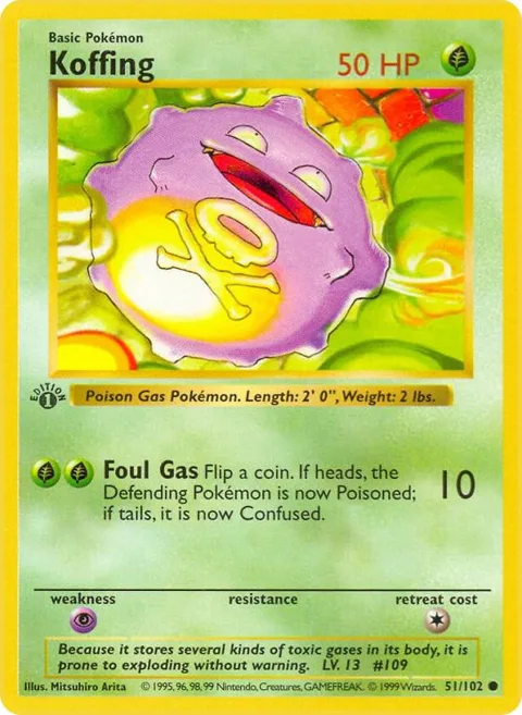 Koffing #051/102 1st Edition Pokémon card from Base Set (Shadowless)