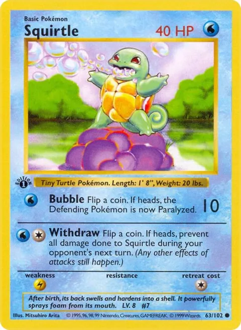 Squirtle #063/102 Unlimited Pokémon card from Base Set (Shadowless)