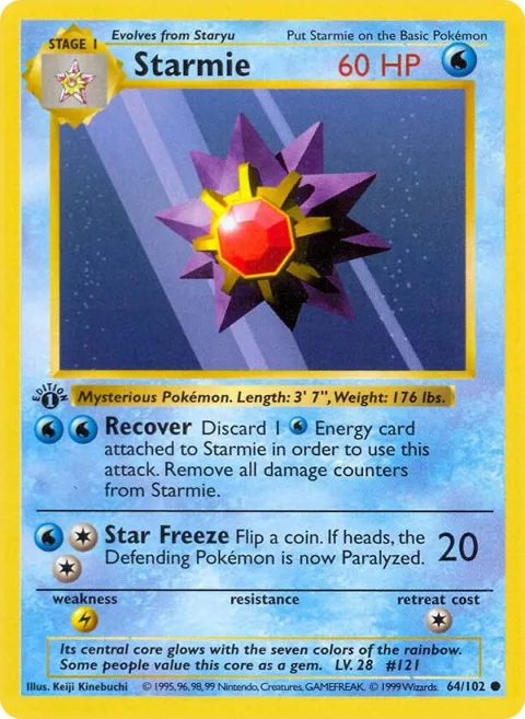 Starmie #064/102 1st Edition Pokémon card from Base Set (Shadowless)
