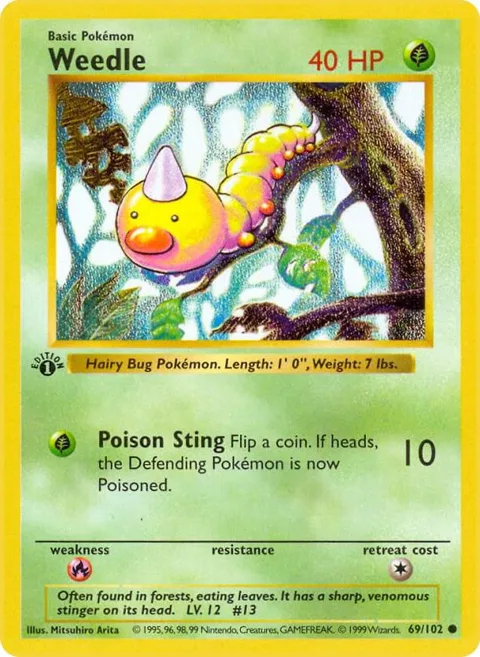 Weedle #069/102 1st Edition Pokémon card from Base Set (Shadowless)