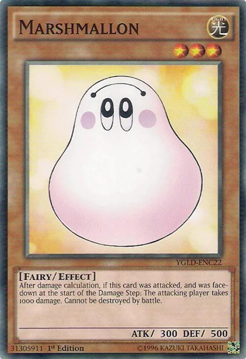 Marshmallon YGLD-ENC22 Yu-Gi-Oh card from King of Games: Yugi's Legendary Decks