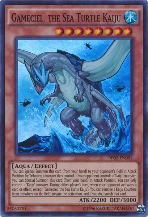 Gameciel, the Sea Turtle Kaiju OP02-EN004 Yu-Gi-Oh card from OTS Tournament Pack 2