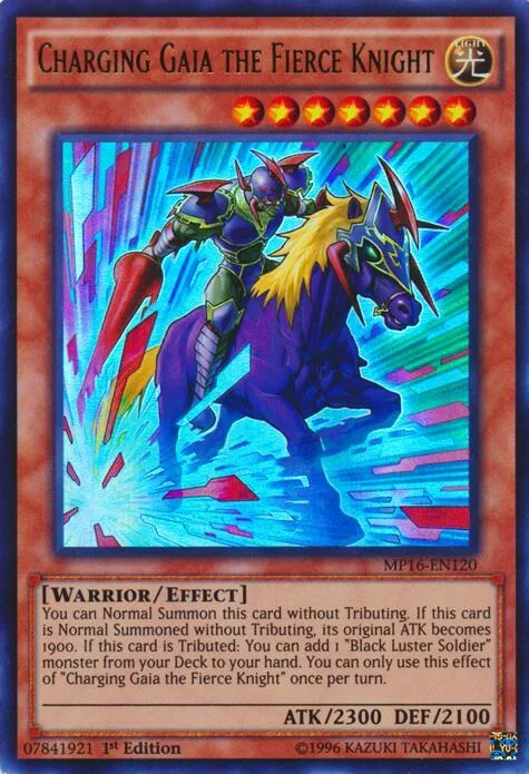 Charging Gaia the Fierce Knight MP16-EN120 Unlimited Yu-Gi-Oh card from 2016 Mega-Tins Mega Pack