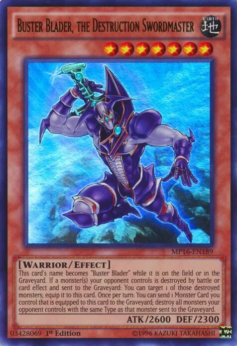 Buster Blader, the Destruction Swordmaster MP16-EN189 Unlimited Yu-Gi-Oh card from 2016 Mega-Tins Mega Pack