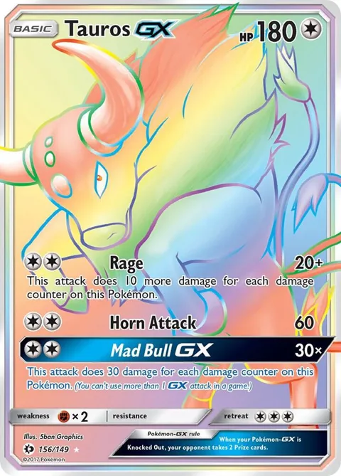 Tauros GX Secret Rare #156/149 Holofoil Pokémon card from SM Base Set