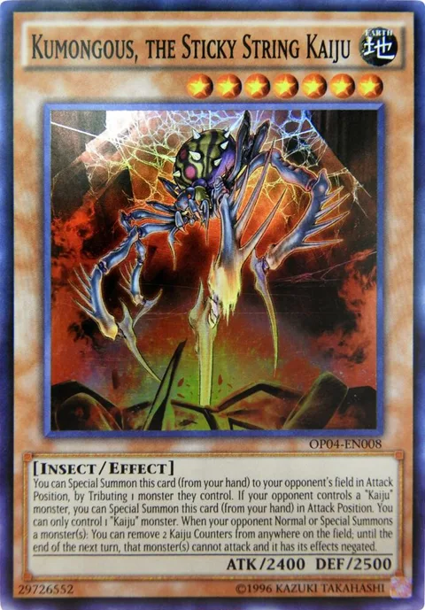 Kumongous, the Sticky String Kaiju OP04-EN008 Yu-Gi-Oh card from OTS Tournament Pack 4
