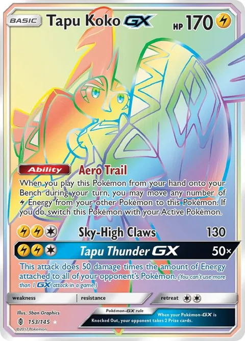 Tapu Koko GX Secret Rare #153/145 Holofoil Pokémon card from SM - Guardians Rising
