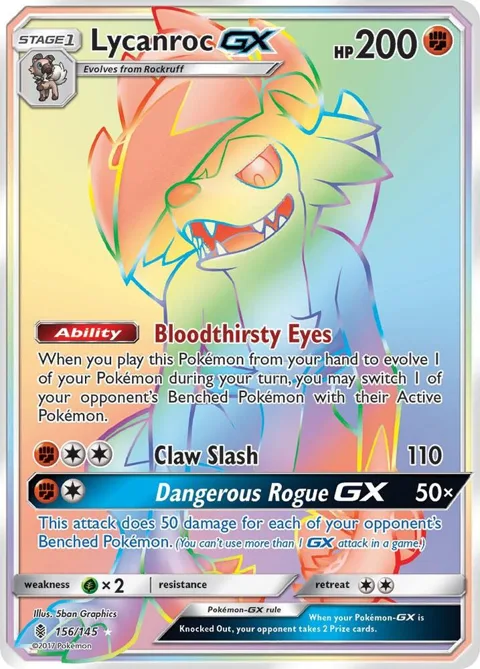 Lycanroc GX Secret Rare #156/145 Holofoil Pokémon card from SM - Guardians Rising