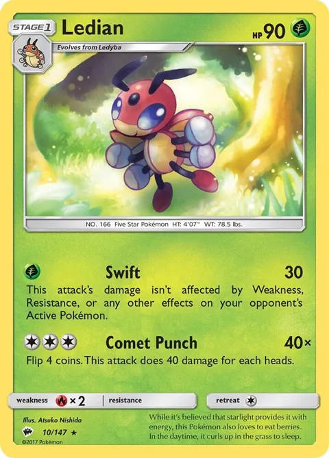 Ledian #10/147 Reverse Holofoil Pokémon card from SM - Burning Shadows