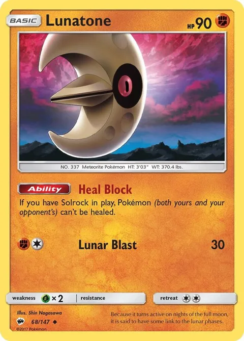 Lunatone #68/147 Reverse Holofoil Pokémon card from SM - Burning Shadows