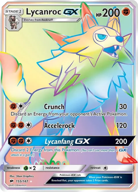 Lycanroc GX Secret Rare #155/147 Holofoil Pokémon card from SM - Burning Shadows