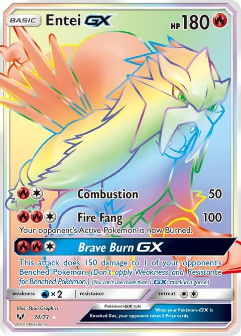Entei GX Secret Rare #74/73 Holofoil Pokémon card from Shining Legends