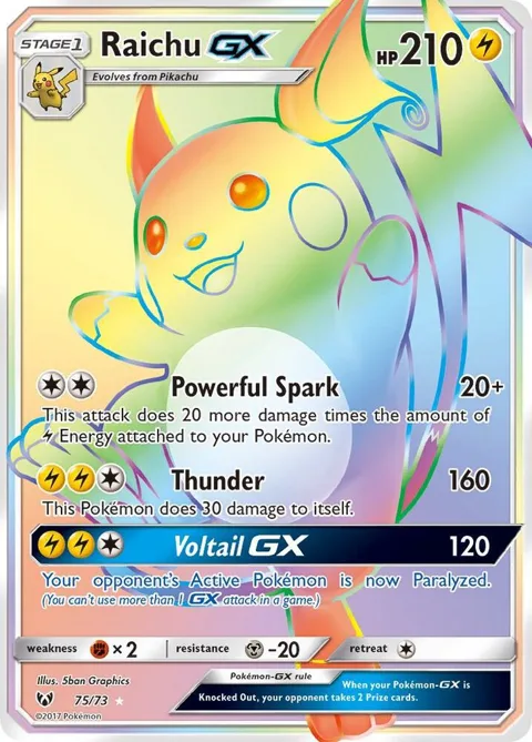 Raichu GX Secret Rare #75/73 Holofoil Pokémon card from Shining Legends