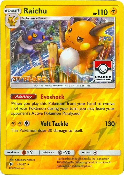 Raichu - 41/147 League Challenge [3rd Place] #041/147 Reverse Holofoil Pokémon card from League & Championship Cards