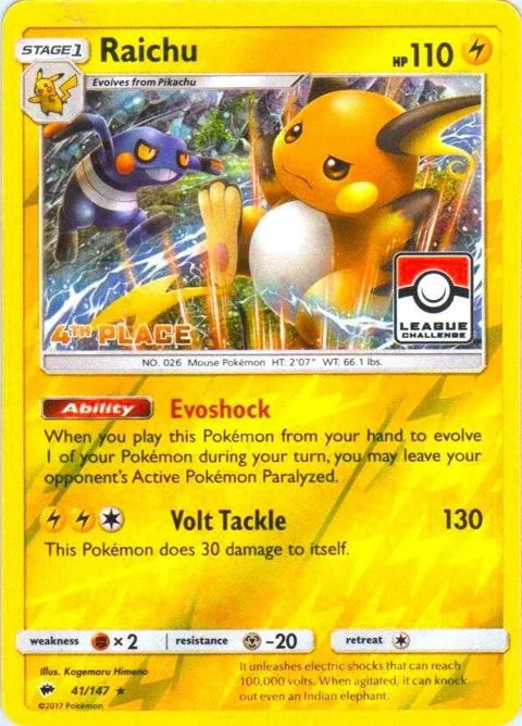 Raichu - 41/147 League Challenge [4th Place] #041/147 Reverse Holofoil Pokémon card from League & Championship Cards