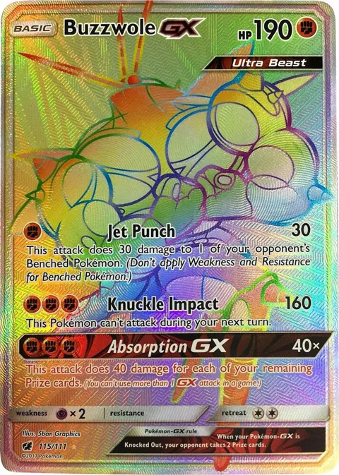 Buzzwole GX Secret Rare #115/111 Holofoil Pokémon card from SM - Crimson Invasion