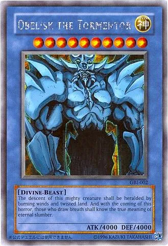 Obelisk the Tormentor Secret Rare GBI-002 Yu-Gi-Oh card from Yu-Gi-Oh! Duel Monsters International: Worldwide Edition