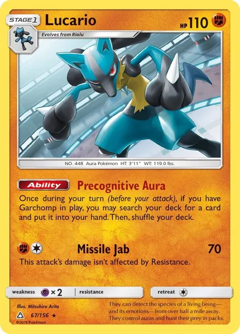 Lucario #67/156 Holofoil Pokémon card from SM - Ultra Prism