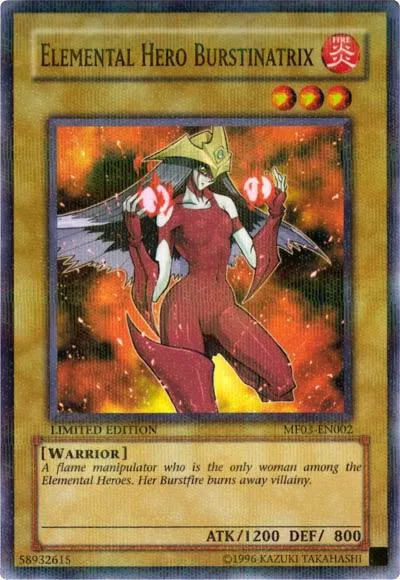 Elemental HERO Burstinatrix MF03-EN002 Yu-Gi-Oh card from Mattel Action Figure Promos: Series 3