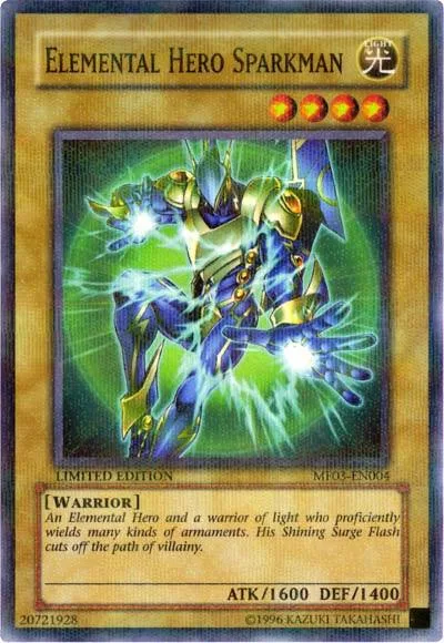 Elemental HERO Sparkman MF03-EN004 Yu-Gi-Oh card from Mattel Action Figure Promos: Series 3